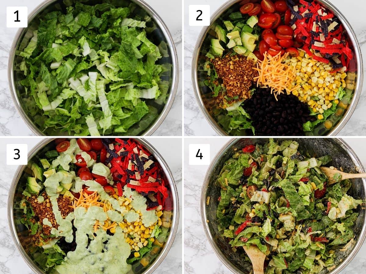 Collage of 5 steps showing the process of making taco salad and tossing all together.