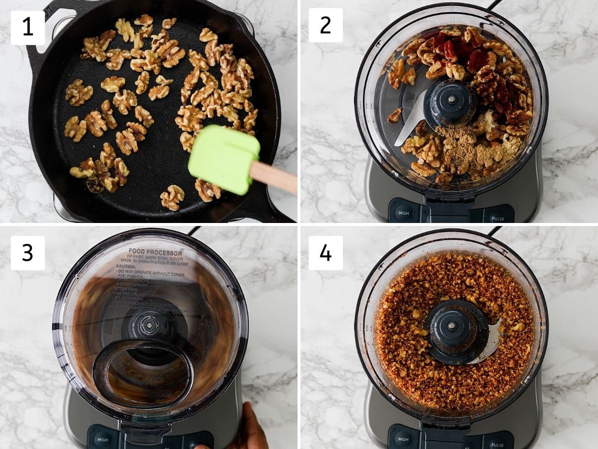 Collage of 4 steps showing roasting walnuts, adding ingredients into food processor and pulsing.