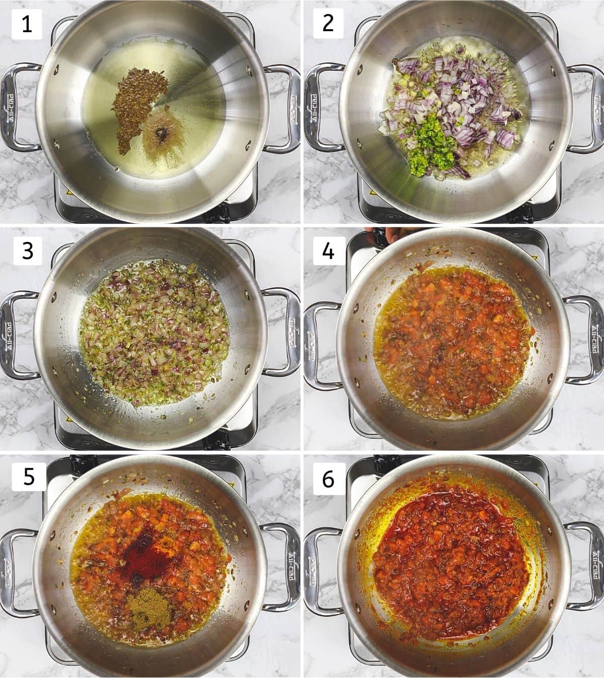 Collage of 6 steps showing cooking onion tomato masala with spices.