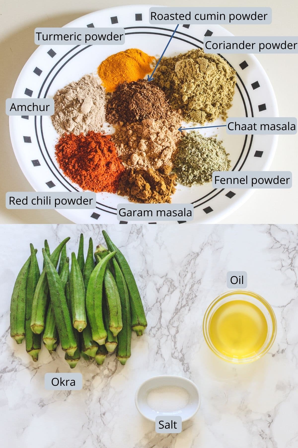 Ingredients used in bhindi masala where spices in a plate and rest on marble surface.