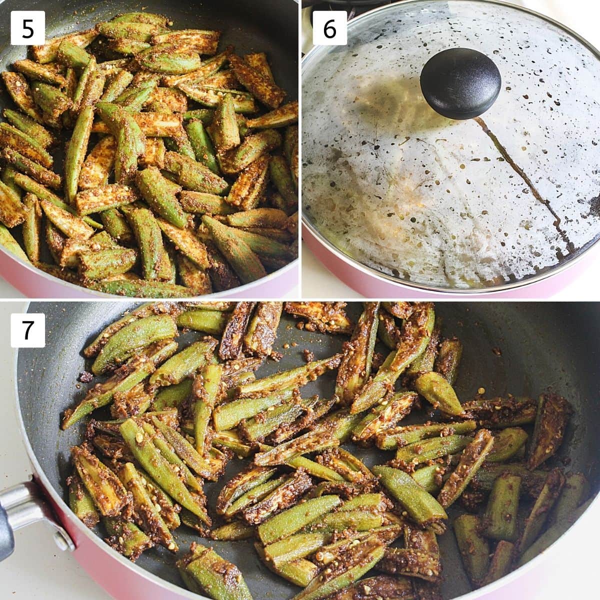 Collage of 3 steps showing adding okra to oil, covered with lid and cooked bhindi masala sabzi.