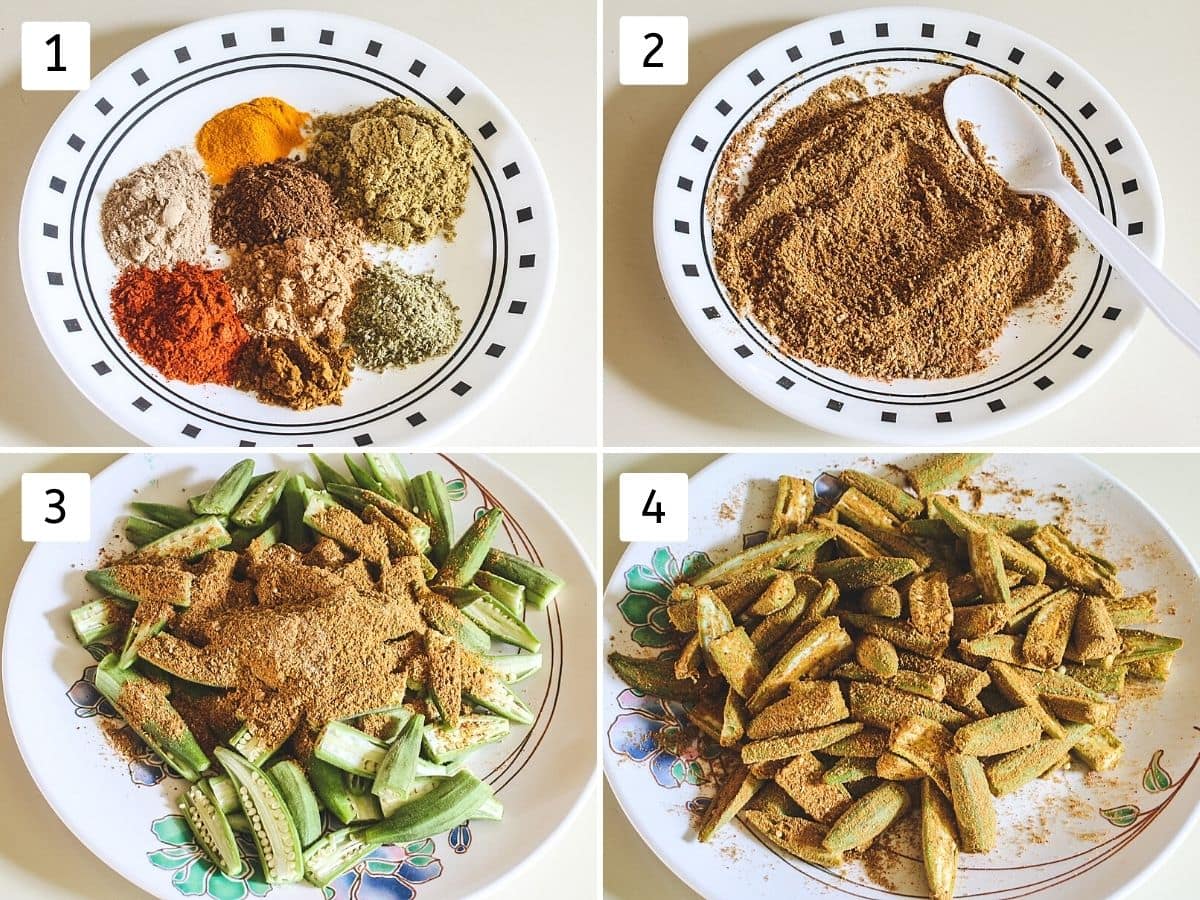 Collage of 4 steps showing spices in a plate, mixed, added to okra and tossed coat well.