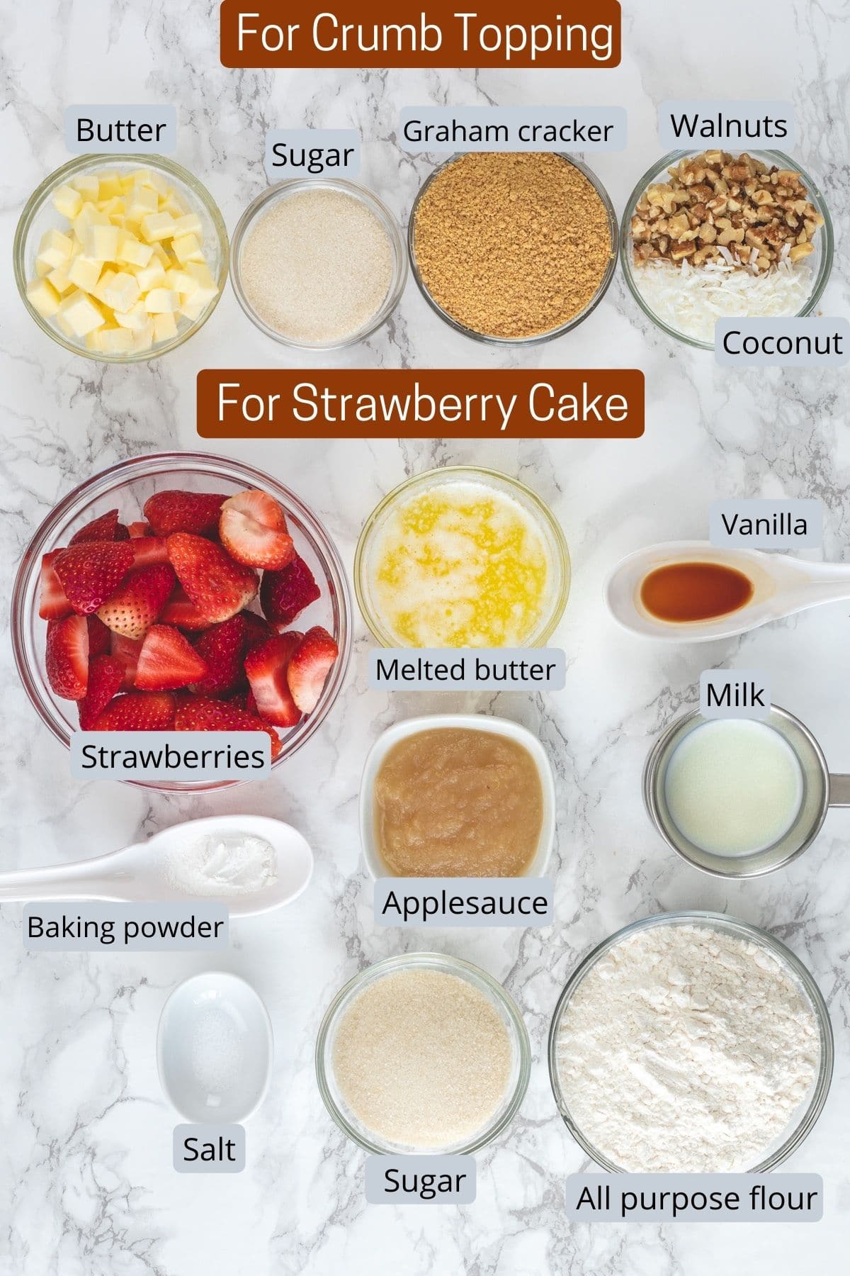 Ingredients used for making eggless strawberry cake in individual bowls with labels.