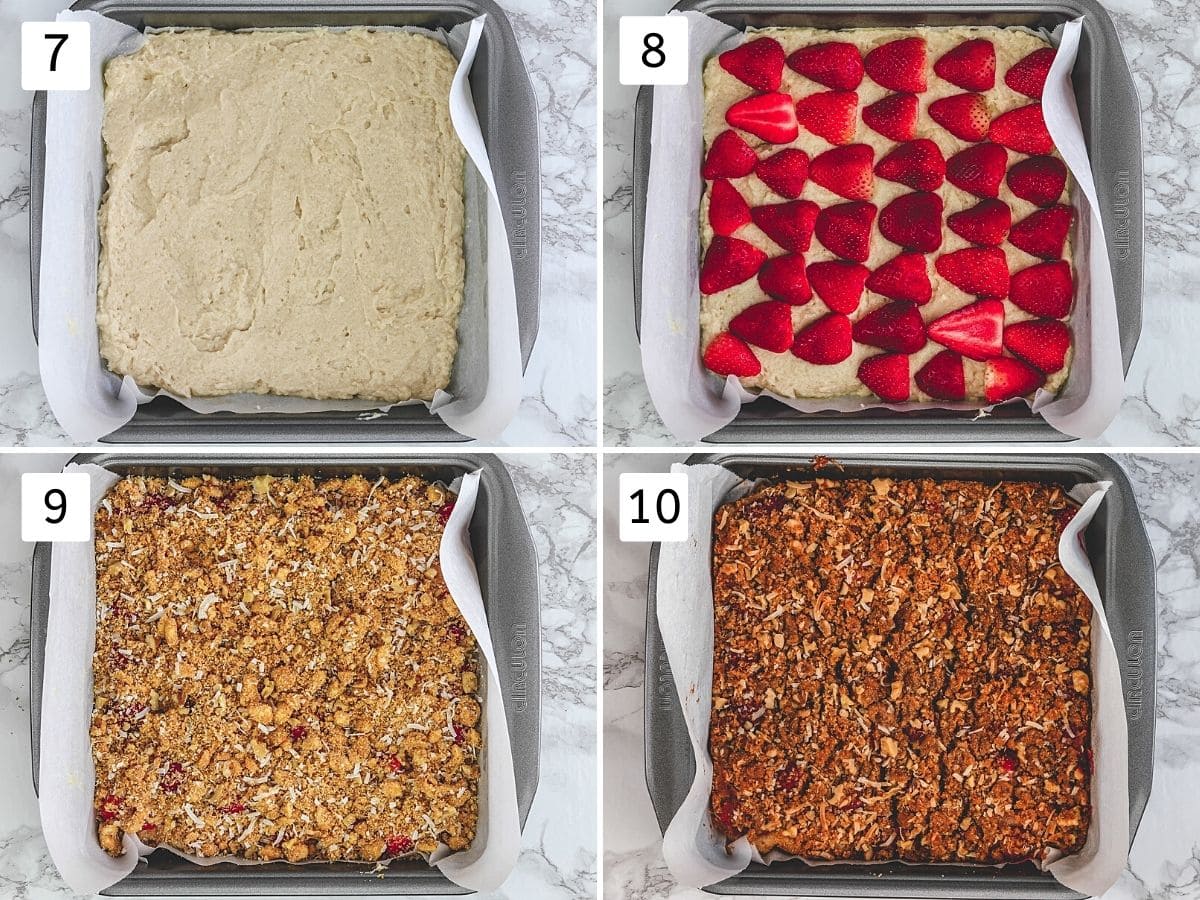 Collage of 4 steps showing spreading cake batter, placing strawberries, sprinkling topping and baked cake.