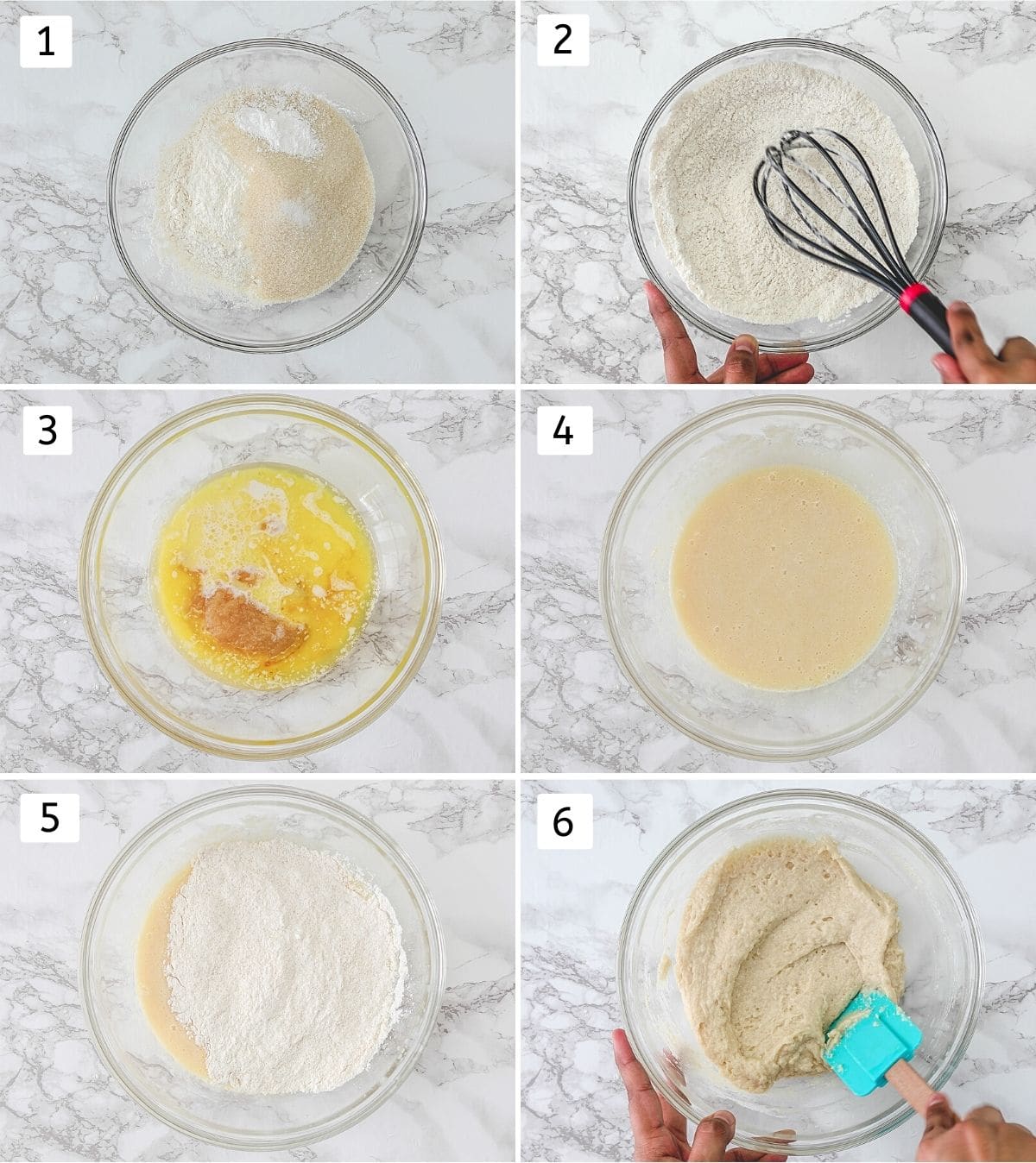 Collage of 6 steps showing mixing dry ingredients, mixing wet ingredients and combined both to make batter.