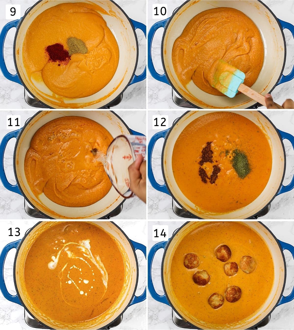 Collage of 6 steps showing adding spices, cream and kofta into the gravy.