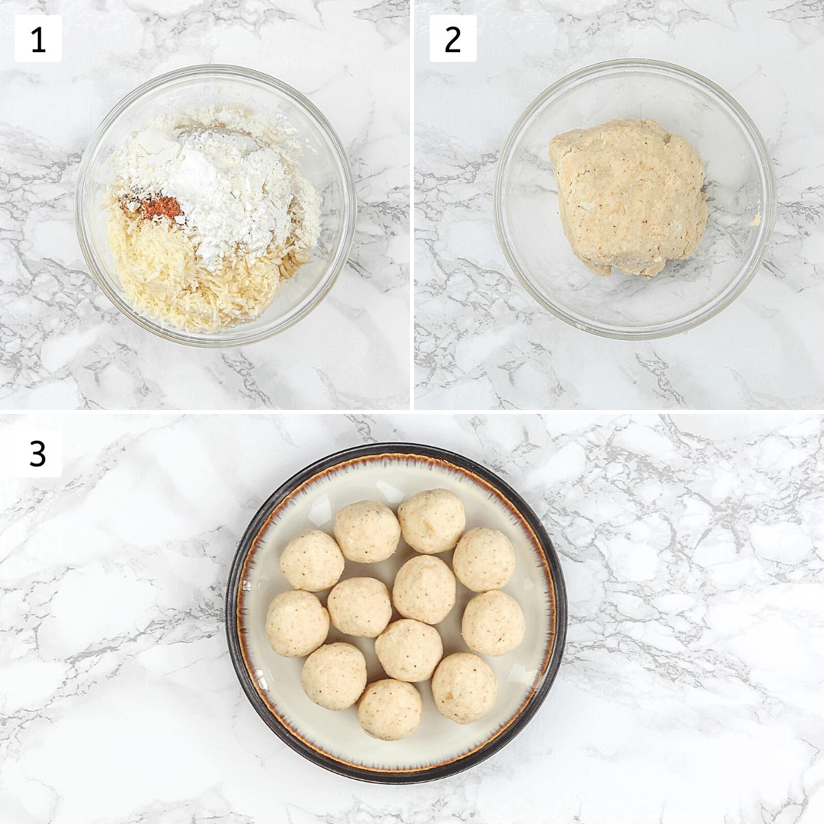 Collage of 3 steps showing making kofta mixture and shaped kofta balls.