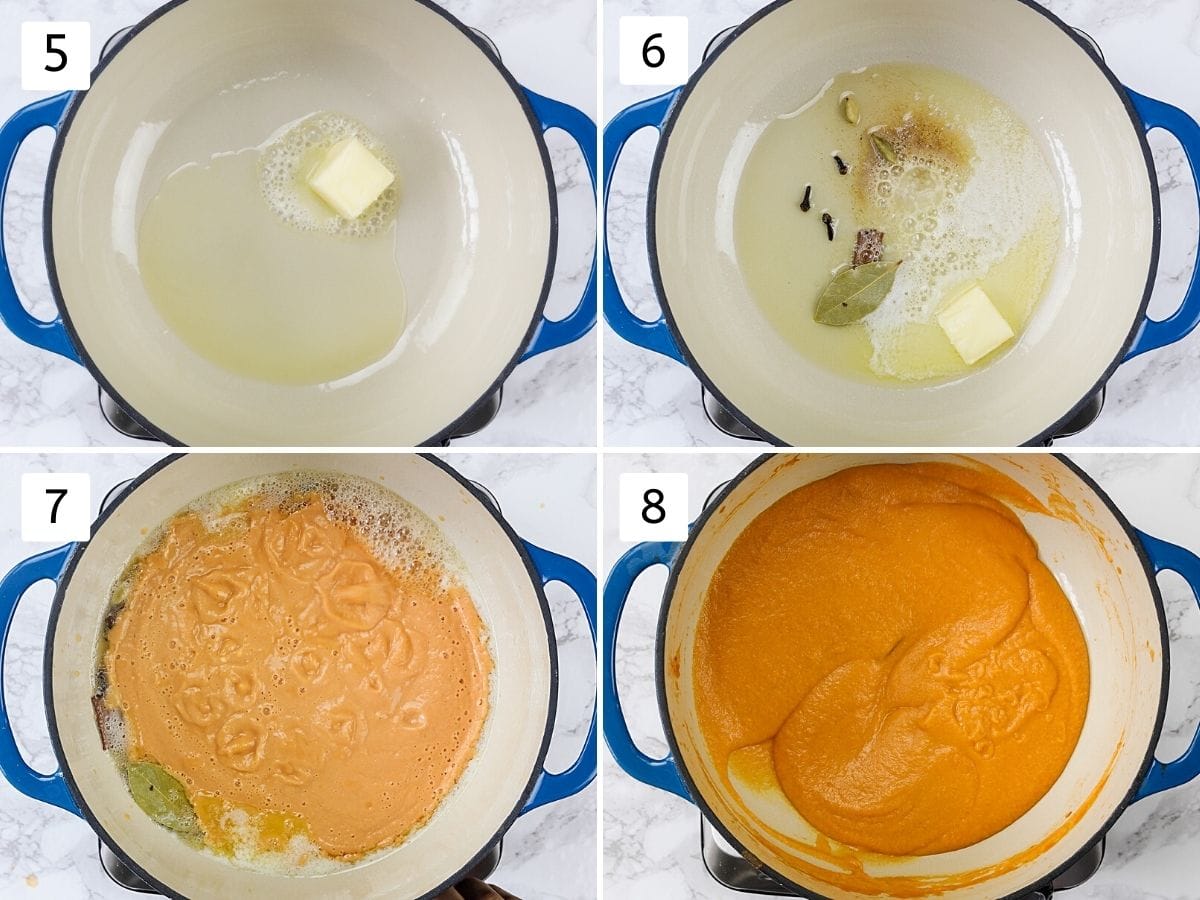 Collage of 4 steps showing tempering whole spices in butter and cooking gravy.