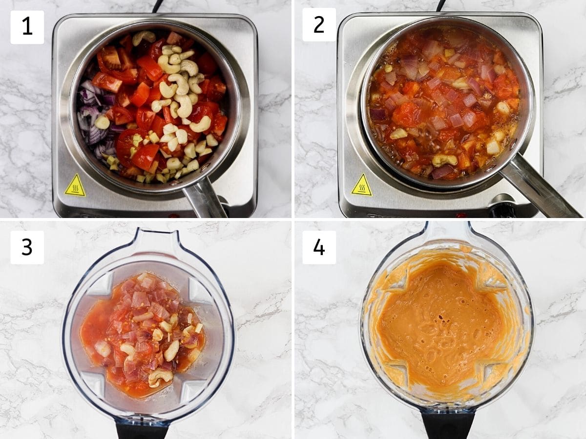 Collage of 4 steps showing boiling onion tomato and grinding into the blender to make malai kofta curry.