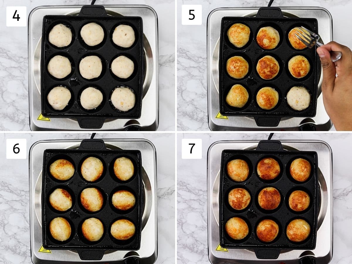 Collage of 4 steps showing cooking kofta in appe pan until golden brown from all sides.