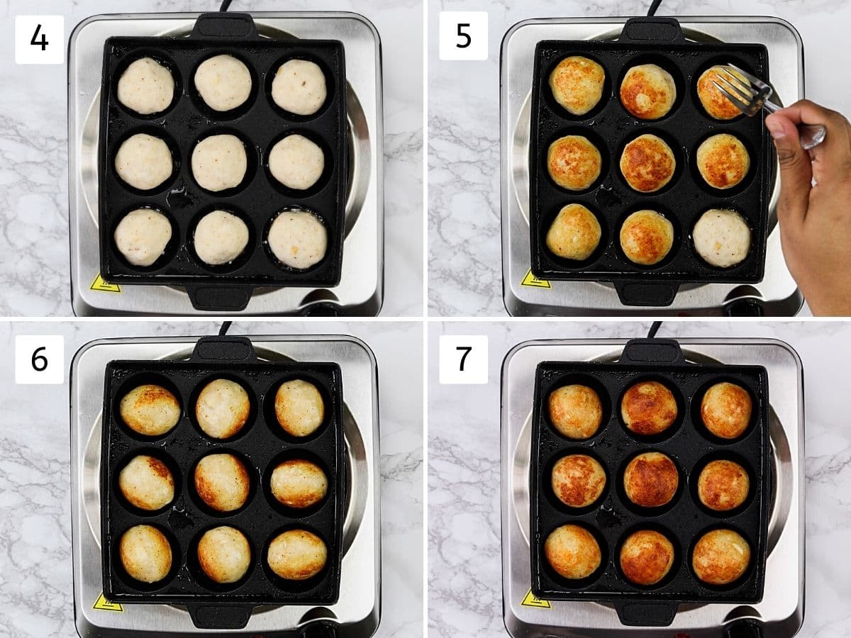 Collage of 4 steps showing cooking kofta in appe pan until golden brown from all sides.