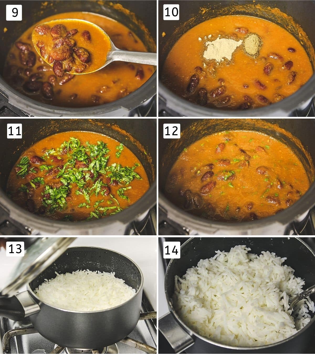Collage of 6 steps showing adding spices and cilantro to rajma and fluff up the rice.