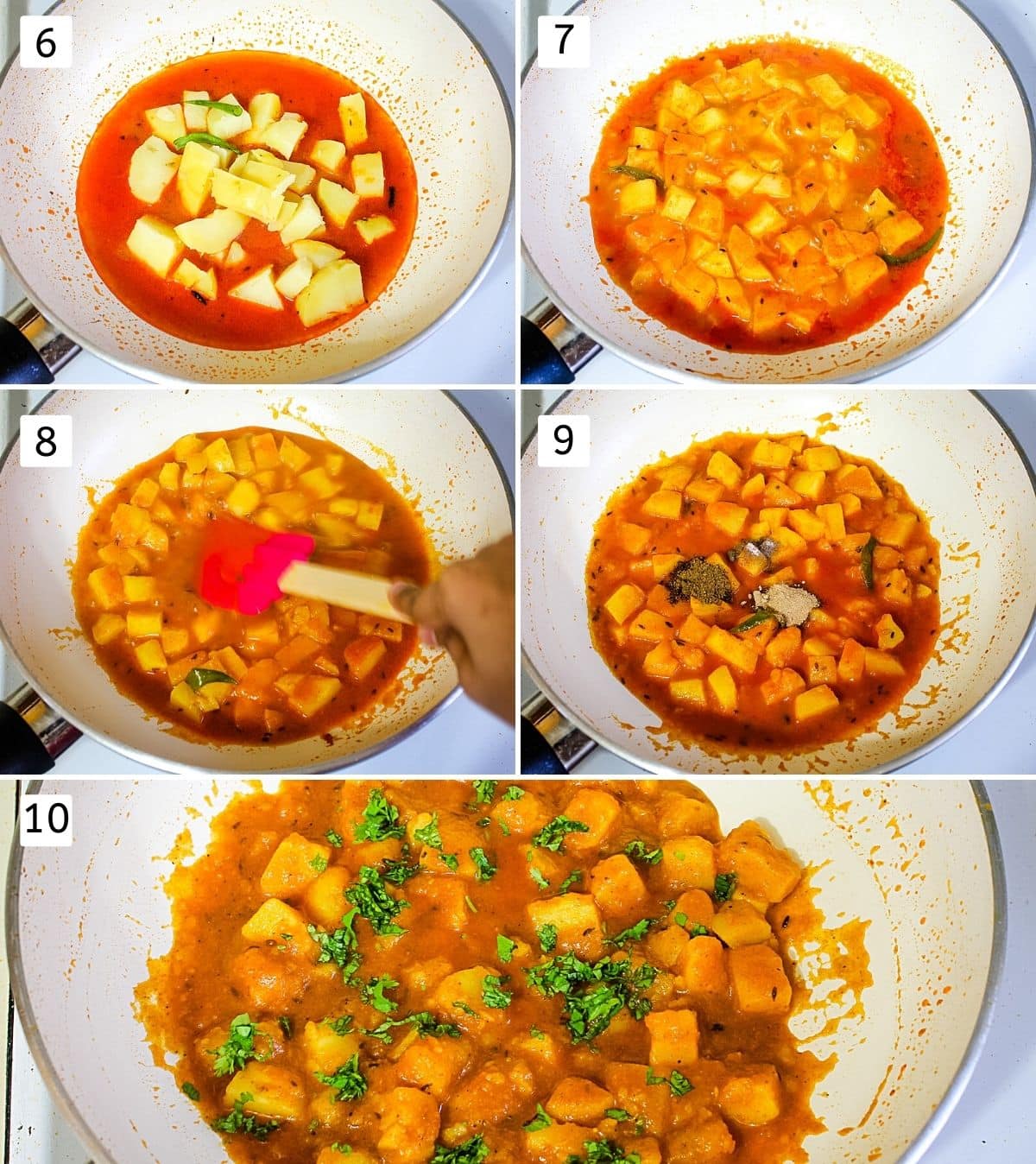 Collage of 5 steps showing simmering potatoes in the gravy and adding spices.