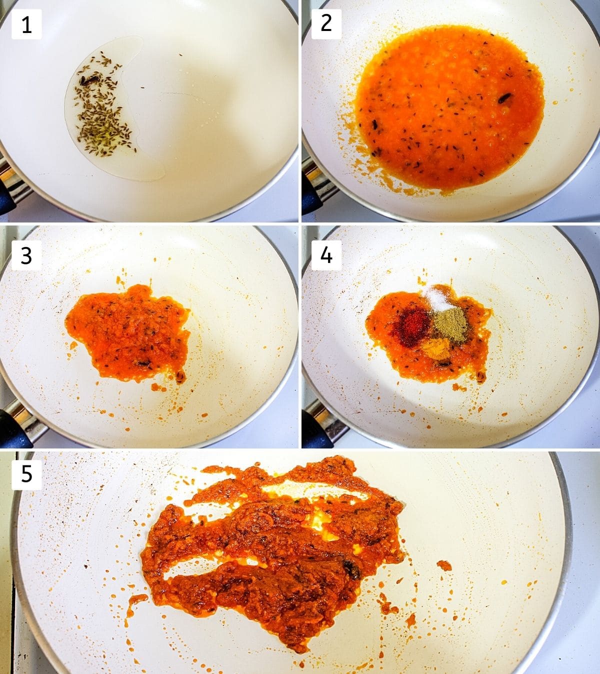 Collage 5 steps showing tempering, cooking tomato puree, mixing spices.