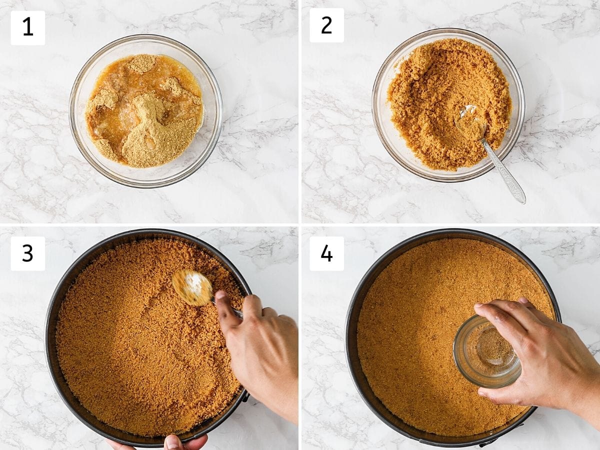 Collage of 4 steps showing making crust mixture and pressing into springform pan.