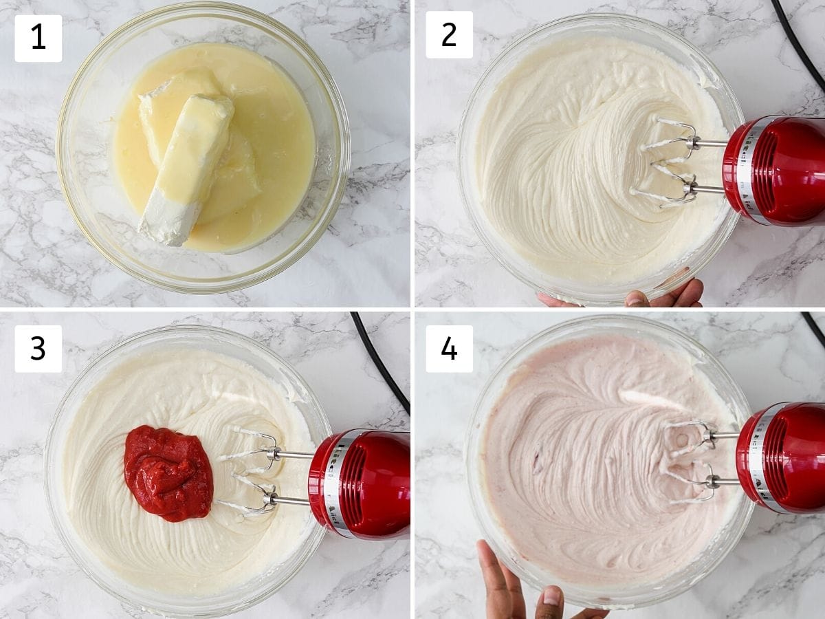 Collage of 4 steps making strawberry cheesecake filling using hand mixer.