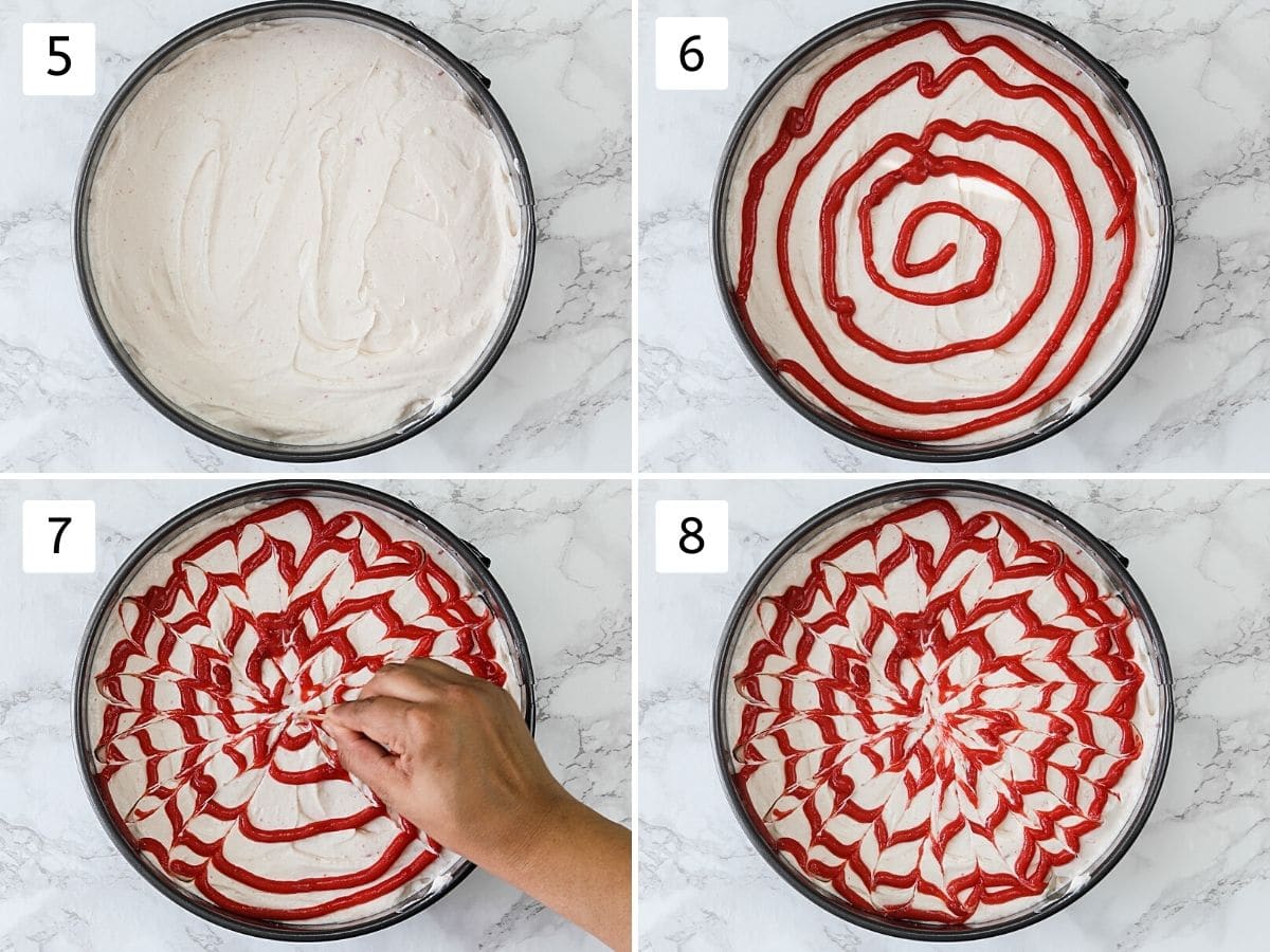 Collage of 4 steps showing cheesecake mixture in a pan and making swirls of strawberry sauce.