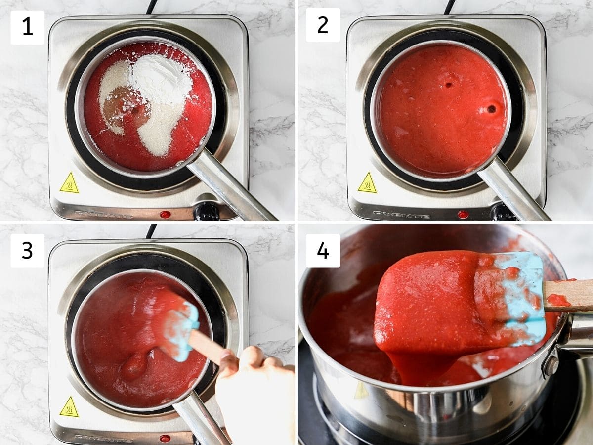 Collage of 4 steps making strawberry sauce in a saucepan.
