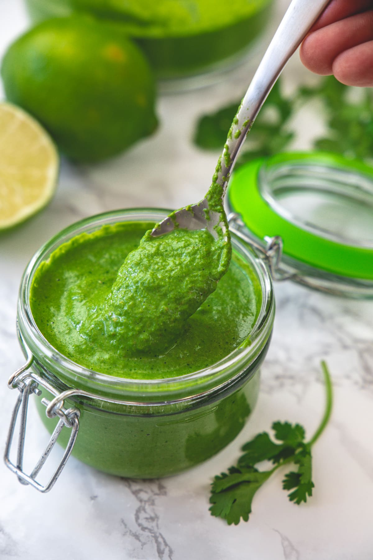 Spoonful of cilantro chutney taking from the jar.