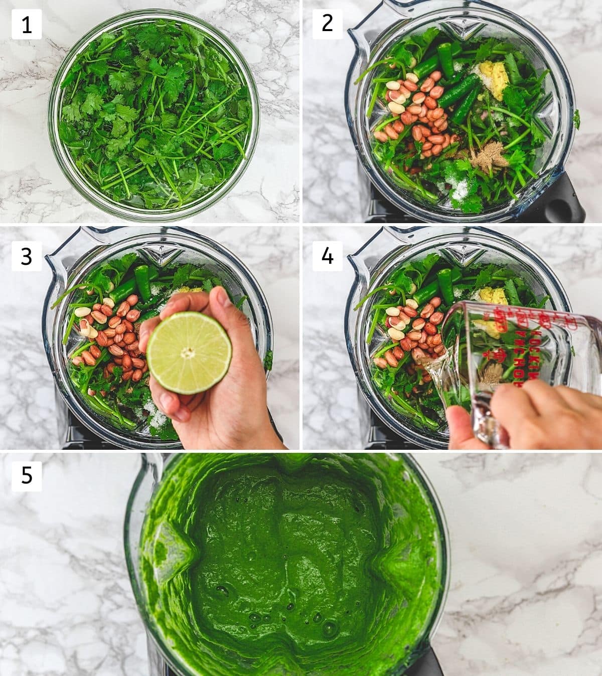 Collage of 5 steps showing washing cilantro, adding chutney ingredients into the blender and grinding.