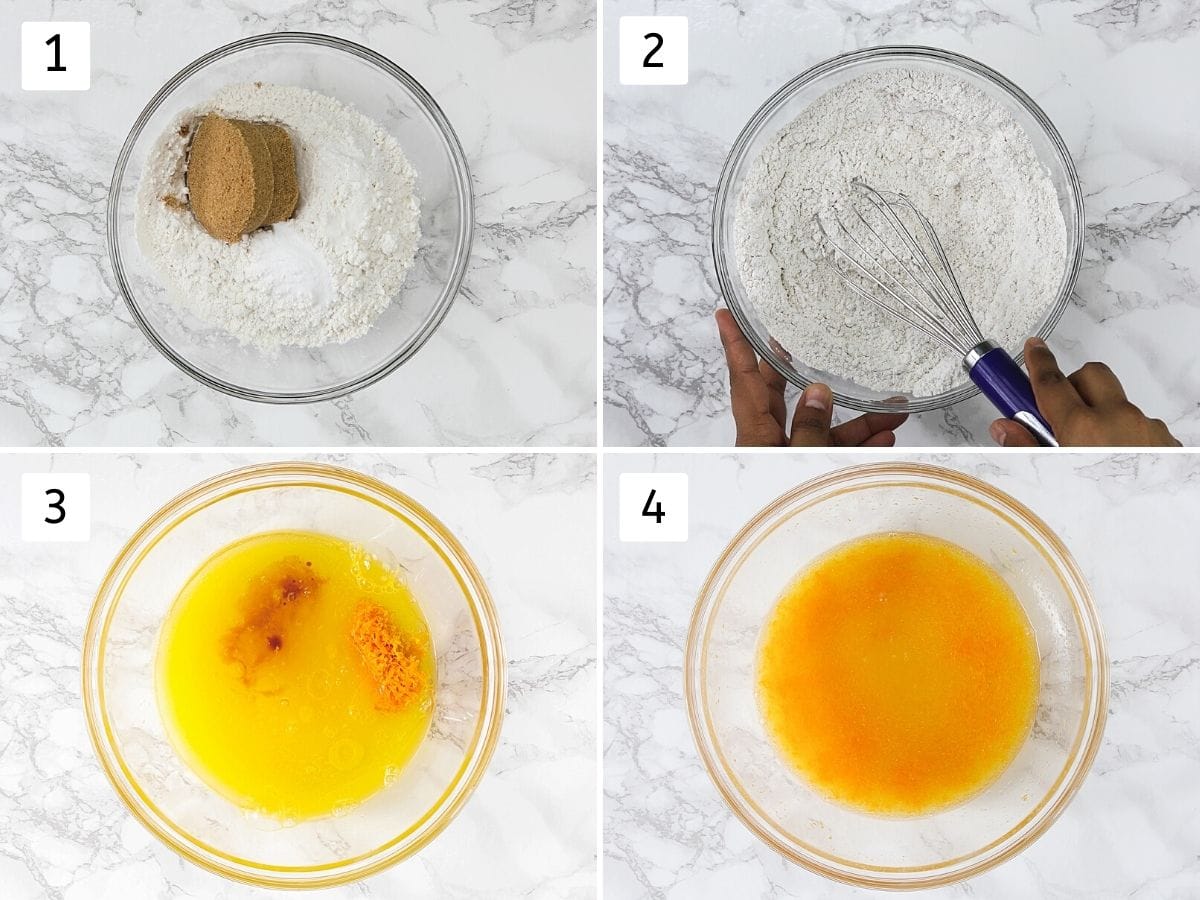 Collage of 4 steps showing mixing dry ingredients and wet ingredients.