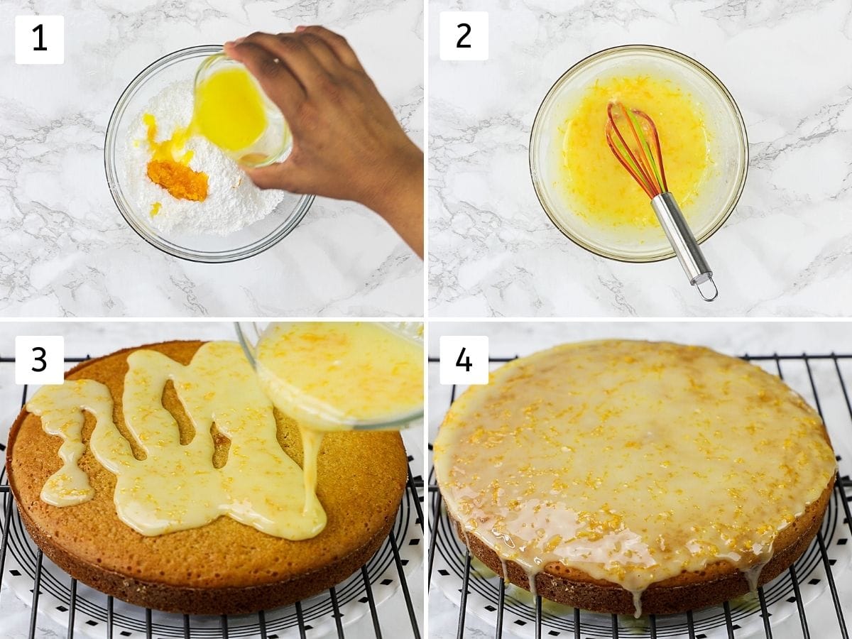 Collage of 4 steps showing making glaze and drizzling on the cake.