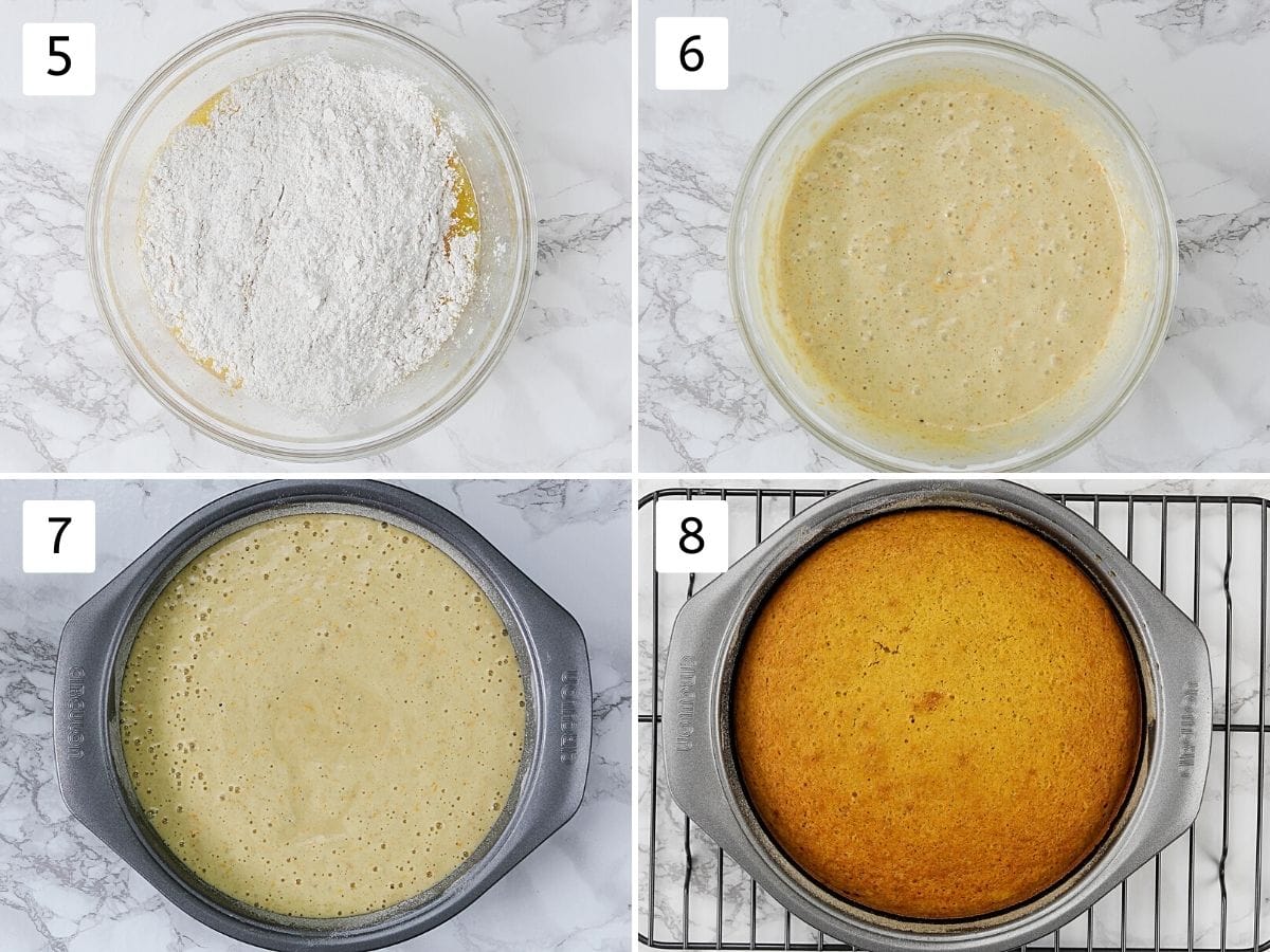 Collage of 4 steps showing making cake batter, pouring in the pan and baked cake.