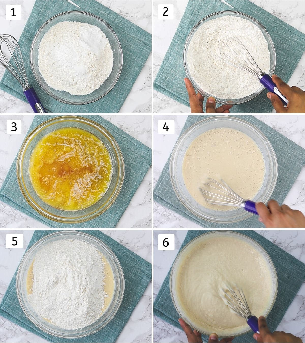 Collage of 6 steps showing mixing dry ingredients, mixing wet and combining both.