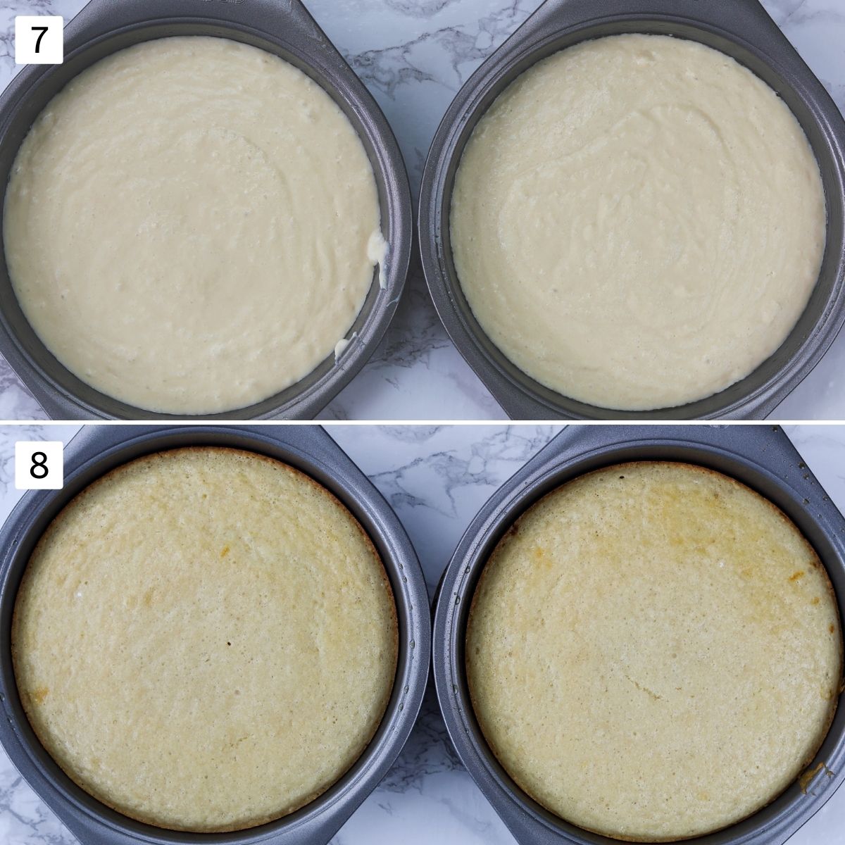 Collage of 2 steps showing cake batter in the pan and baked cakes.