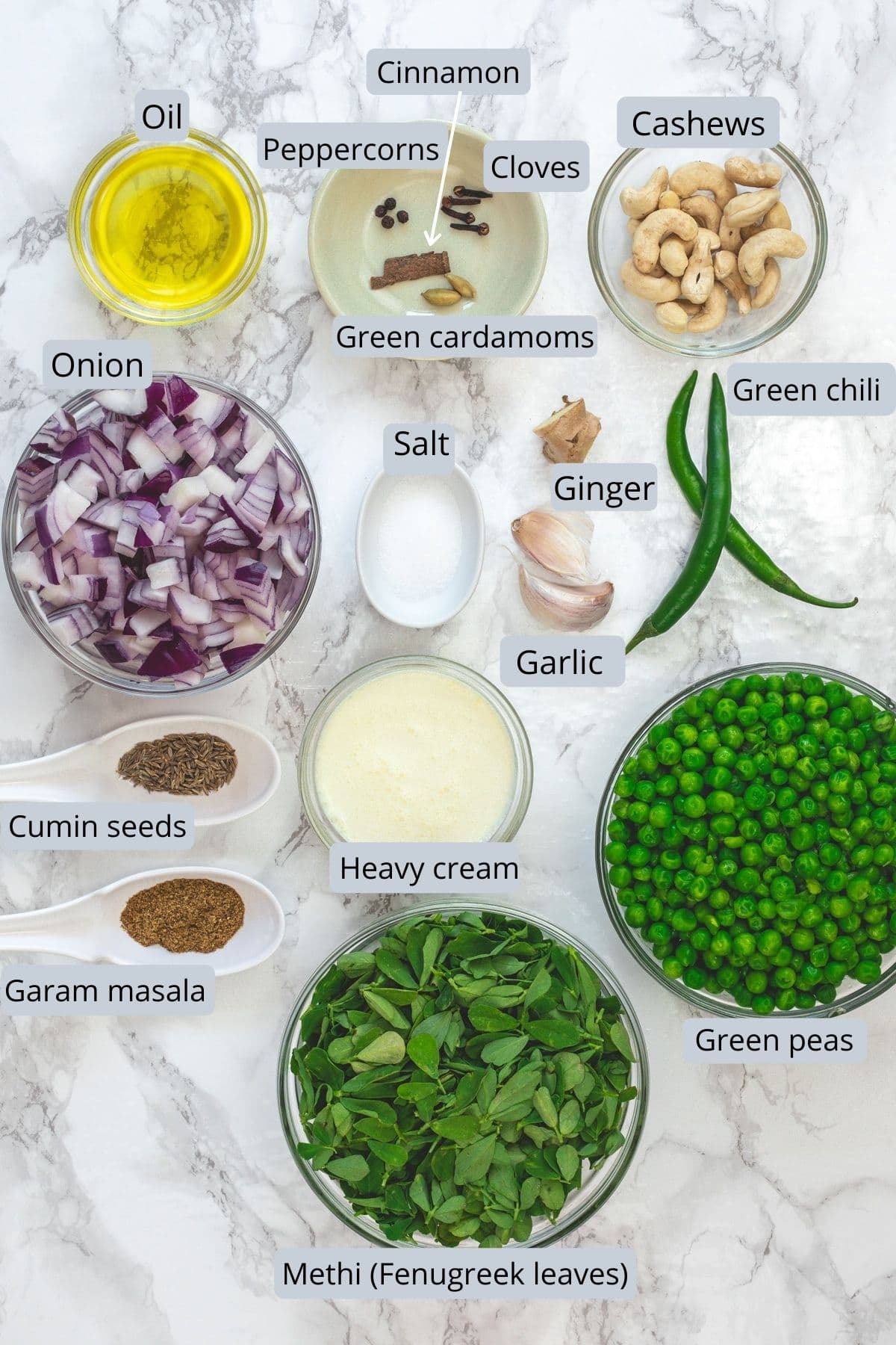 Ingredients used in methi matar malai recipe in separate bowl and spoons with labels.