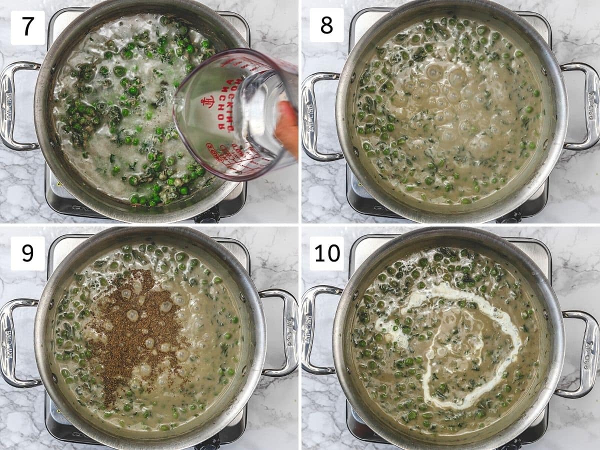 Collage of 4 steps showing adding water, simmering, adding garam masala and cream.
