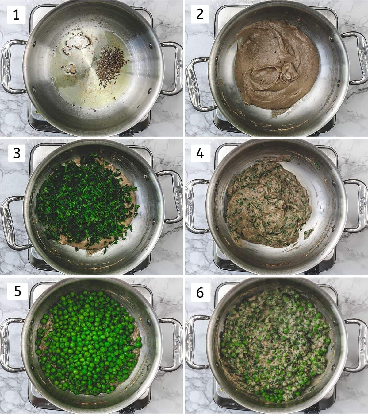 Collage of 6 steps showing cooking onion paste, adding and cooking methi and peas.