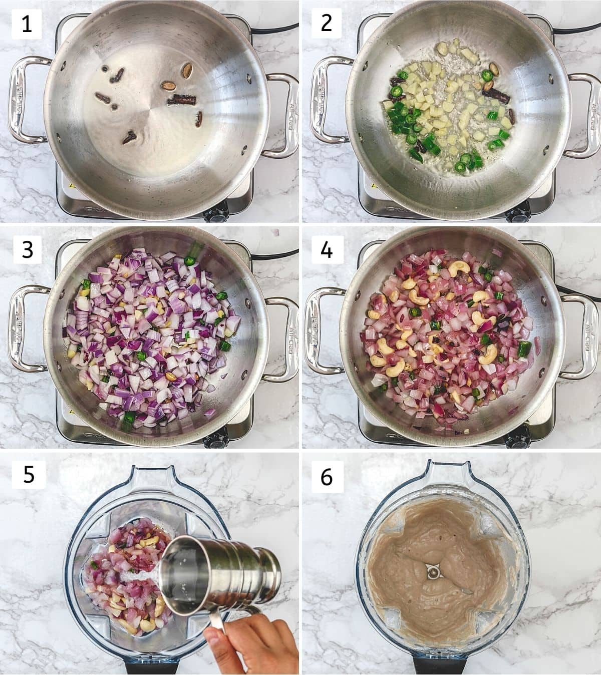 Collage of 6 steps showing cooking spices and onion, making smooth paste.