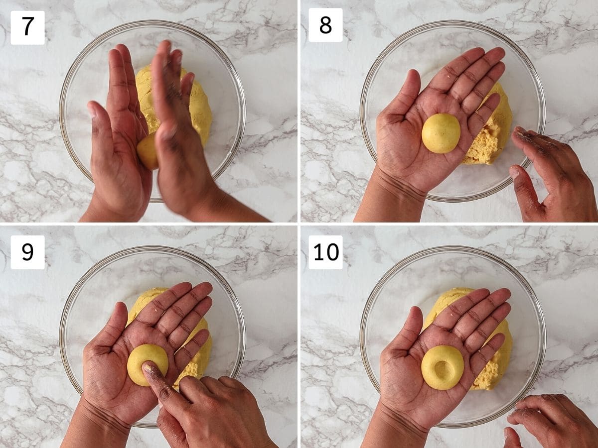 Collage of 4 steps showing making a cookie ball and indentation.