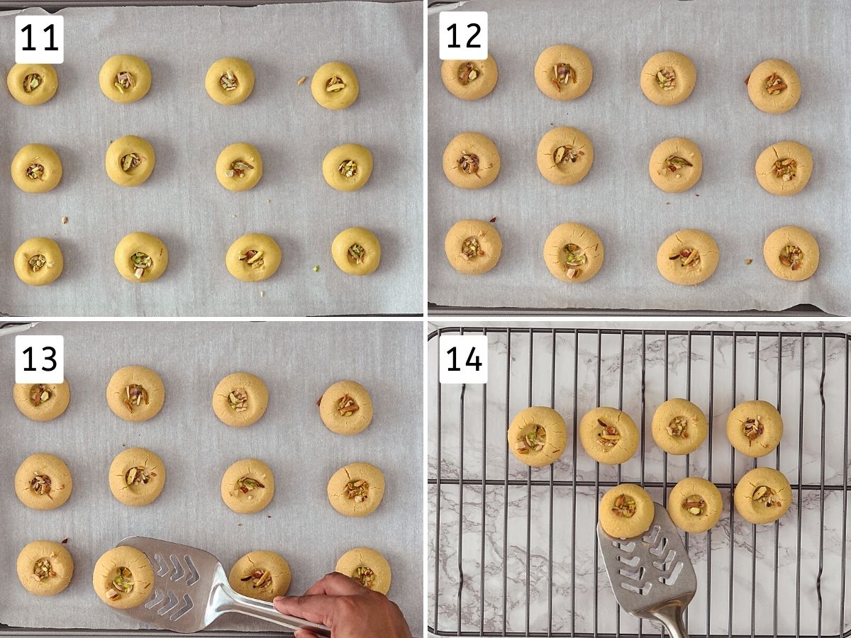 Collage of 4 steps showing unbaked cookies on tray, baked and transferred to cooling rack.