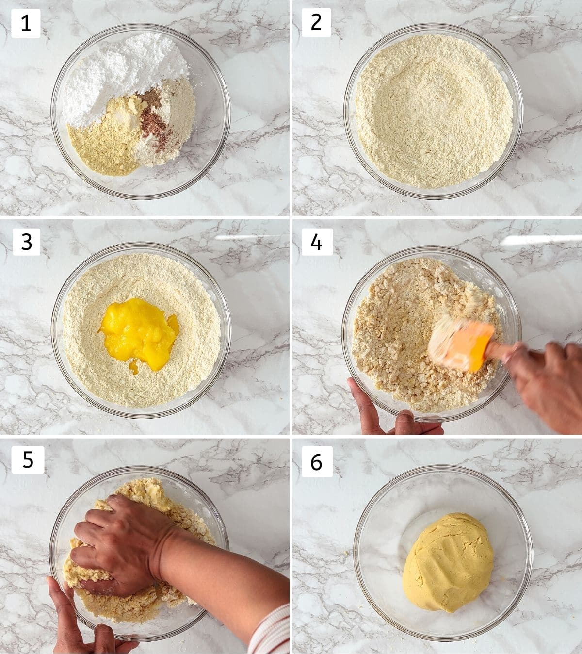 Collage of 6 steps showing mixing dry ingredients, adding ghee and kneading the dough.