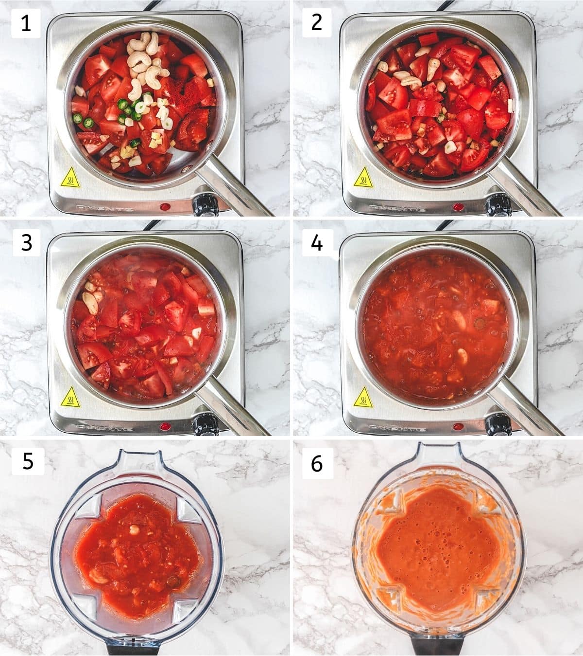 Collage of 6 steps showing cooking tomato-nut mixture and grinding into blender.