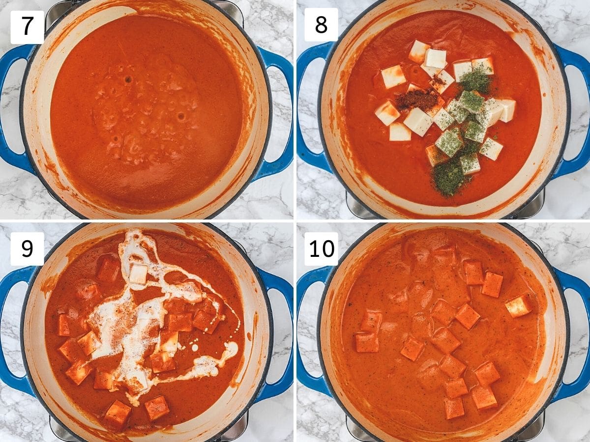 Collage of 4 steps showing simmering gravy, adding paneer, spices, cream and ready curry.