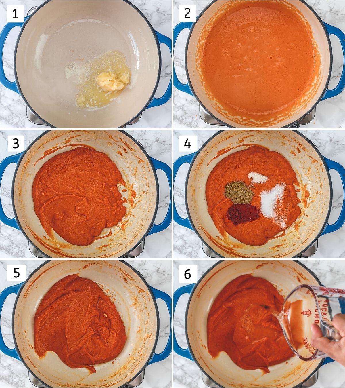 Collage of 6 steps showing simmering gravy in butter, adding spices and water.