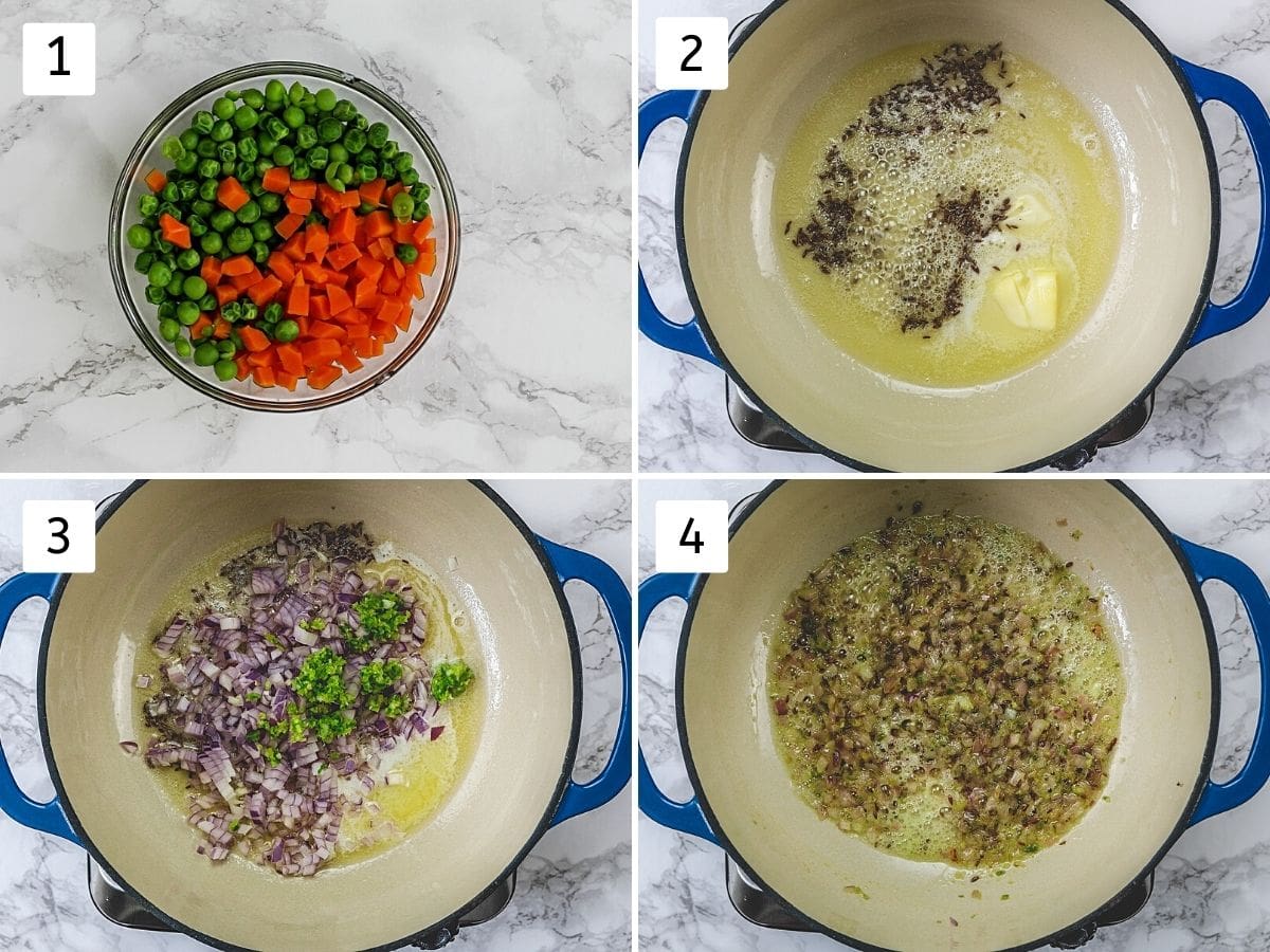 Collage of 4 steps showing cooked peas, carrots and cooking onion.