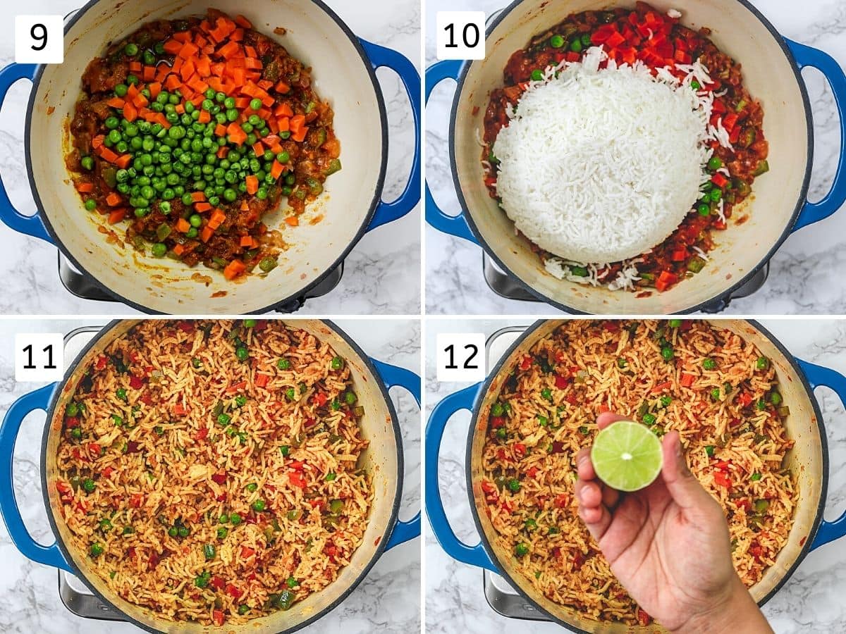 Collage of 4 steps showing adding, mixing veggies, rice and squeezing lime.