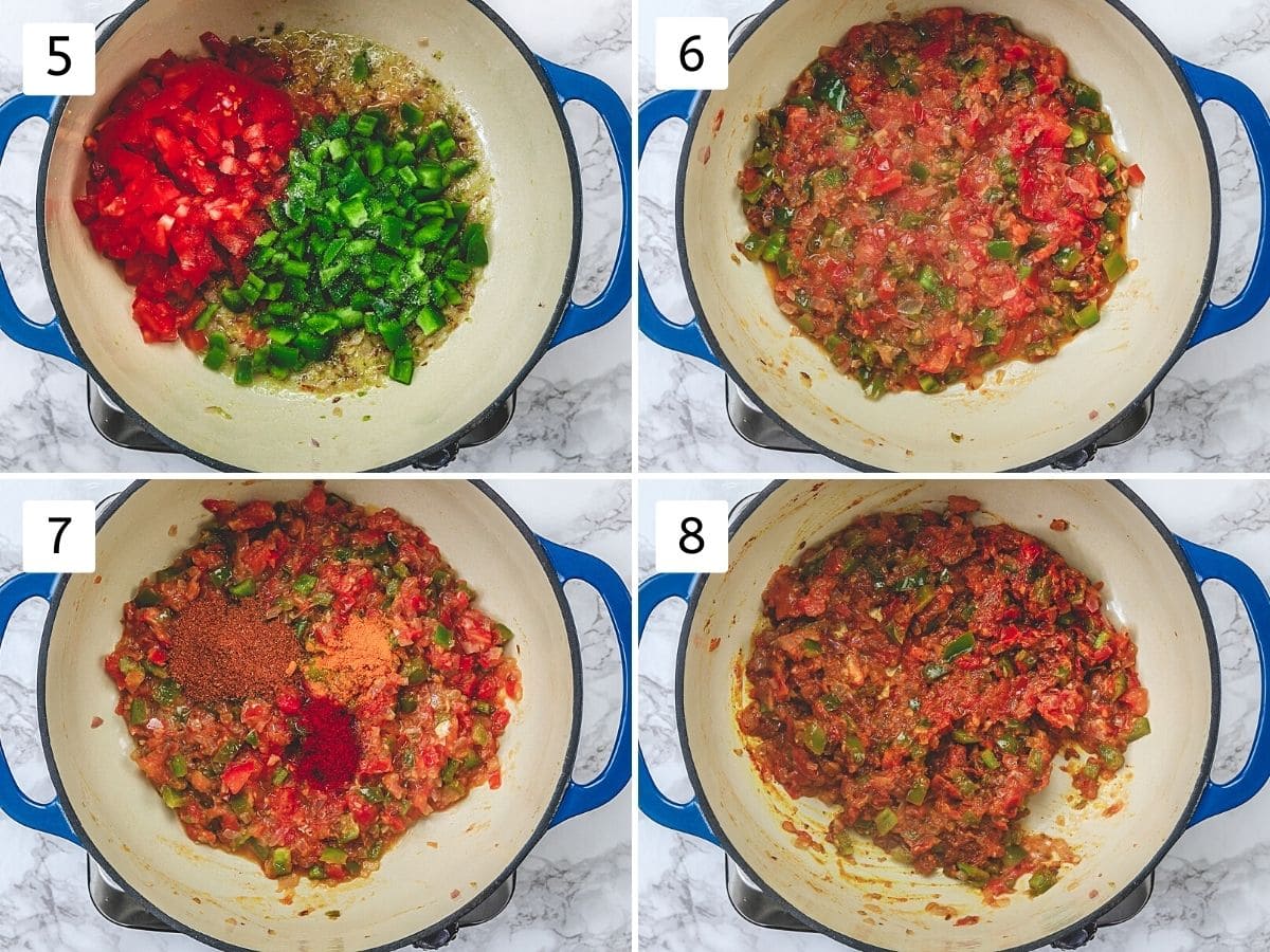 Collage of 4 steps showing adding, cooking tomatoes and bell pepper, adding mixing spices.