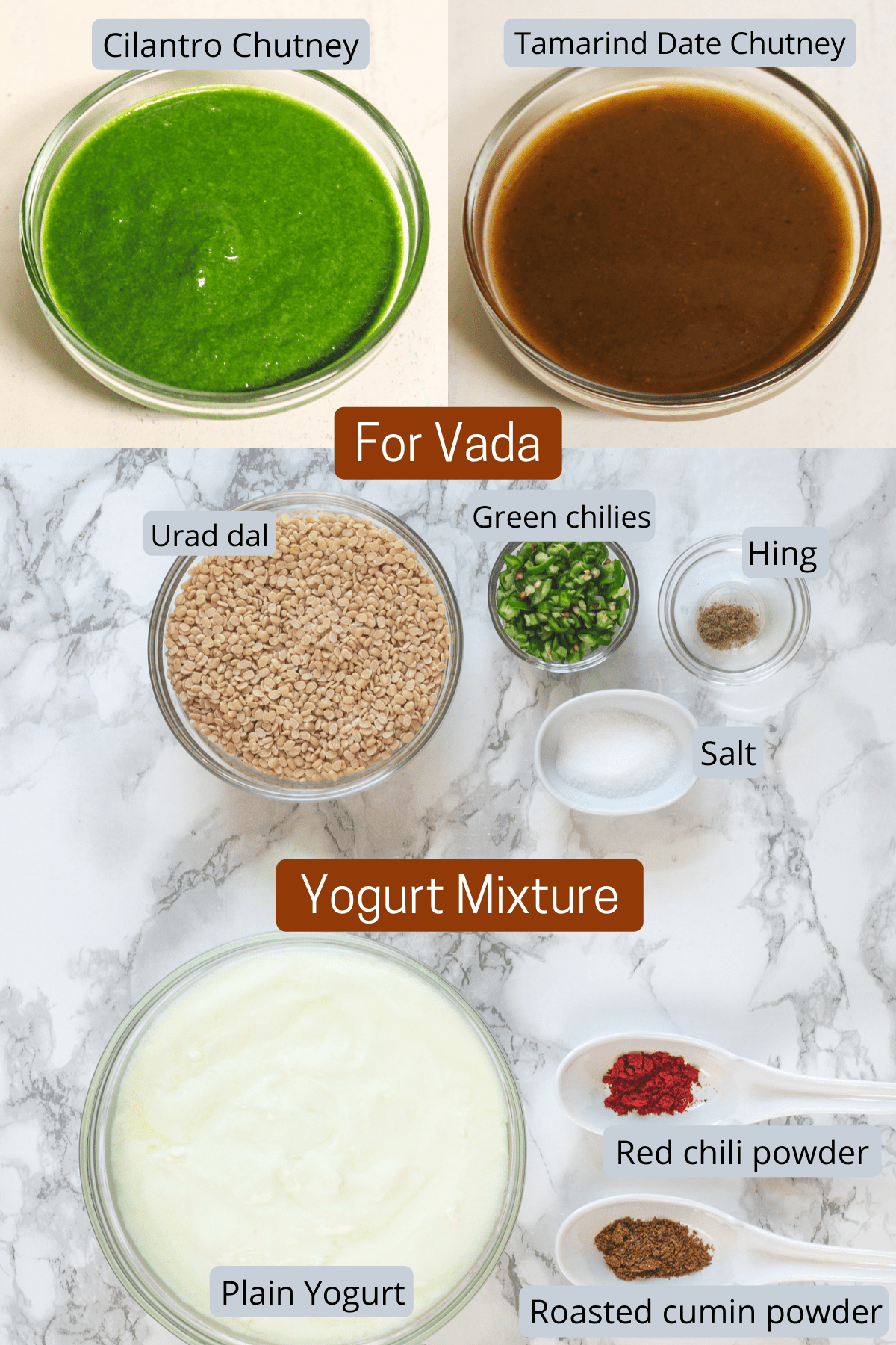 Ingredients used in making dahi vada in individual bowls and spoons.