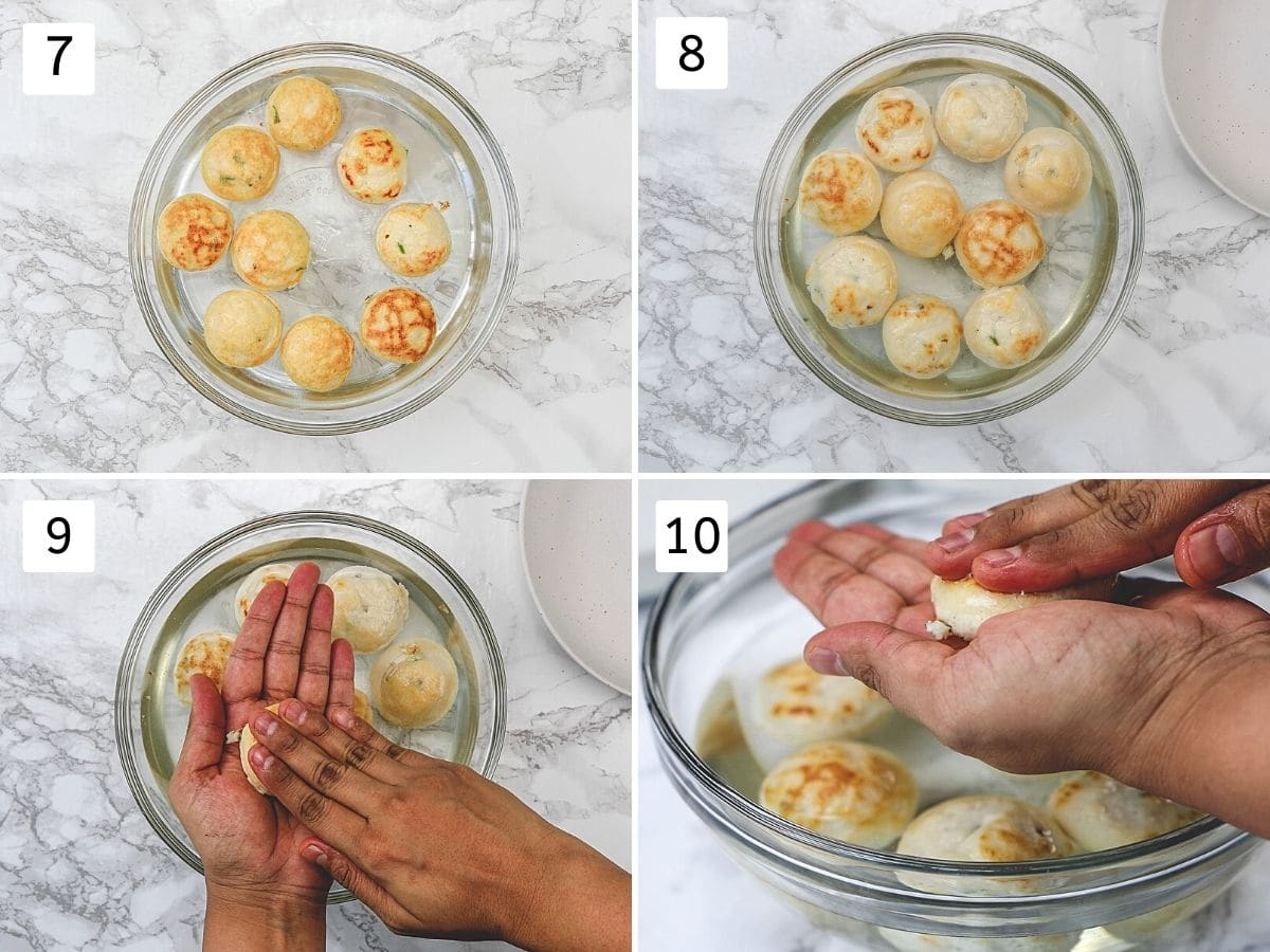 Collage of 4 steps showing soaking vada in water and squeezing out the water.