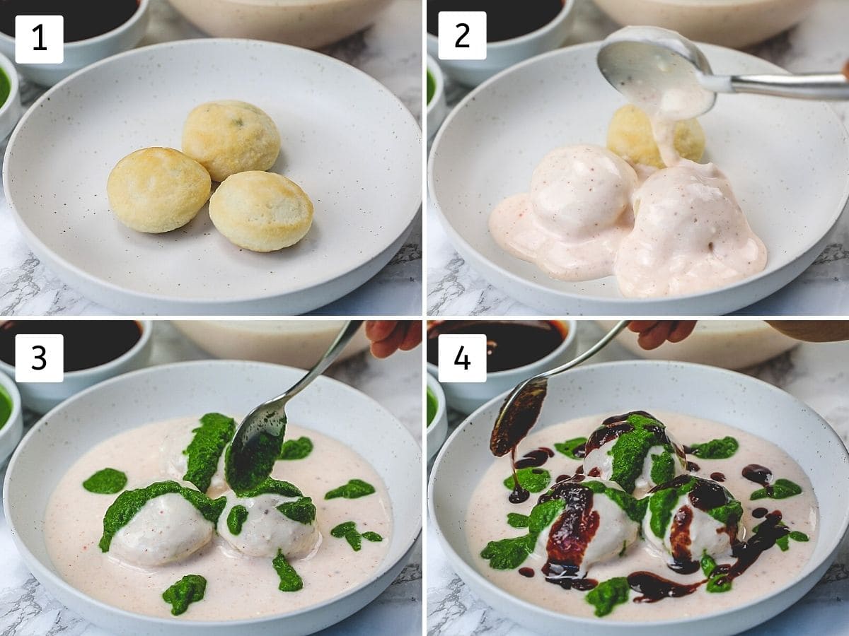 Collage of 4 steps shows placing vada in a plate and drizzling yogurt, green chutney and tamarind date chutney.