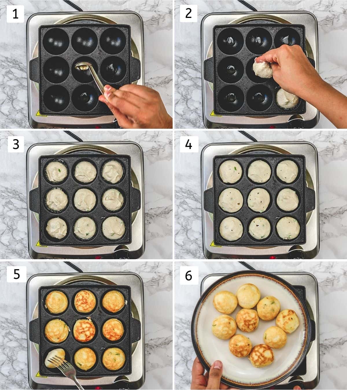 Collage of 6 steps showing pan frying vada in paniyaram pan.