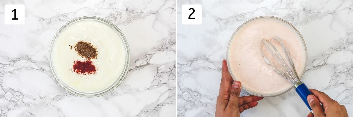 Collage of 2 steps showing yogurt with seasoning in a bowl and whisking it.