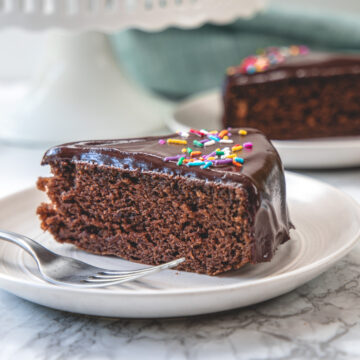 a slice of eggless chocolate cake in a plate with fork.