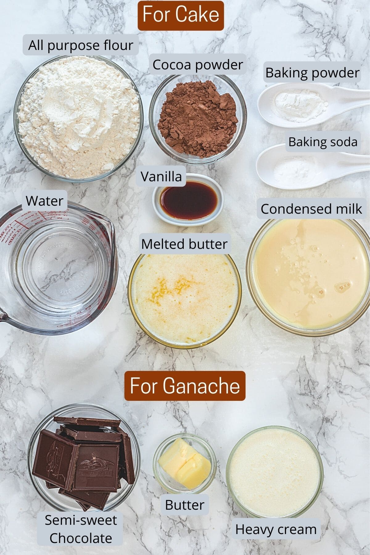 Ingredients used in chocolate cake and ganache in individual bowls.