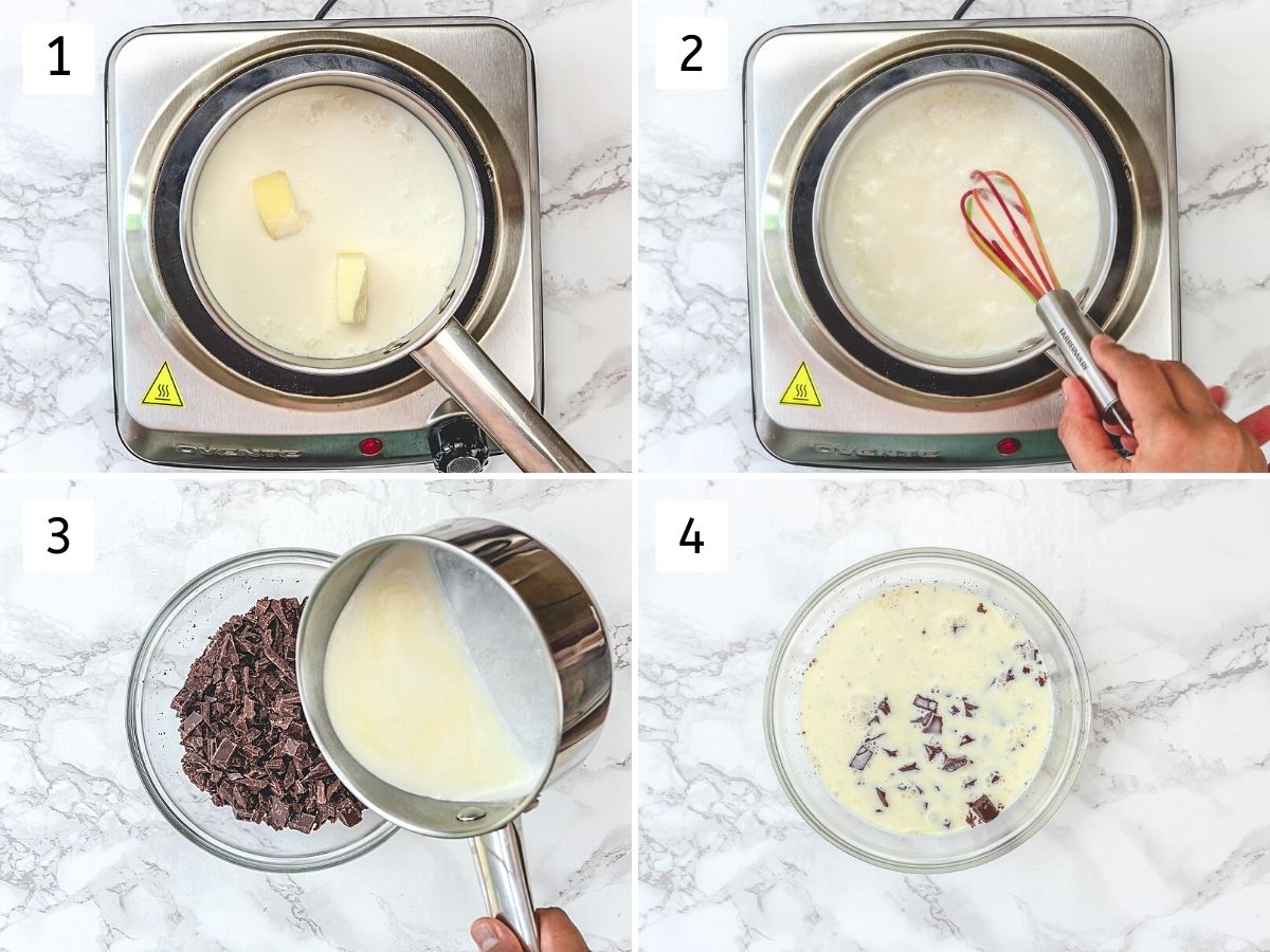 Collage of 4 steps showing bringing cream, butter mixture, adding to chocolate.